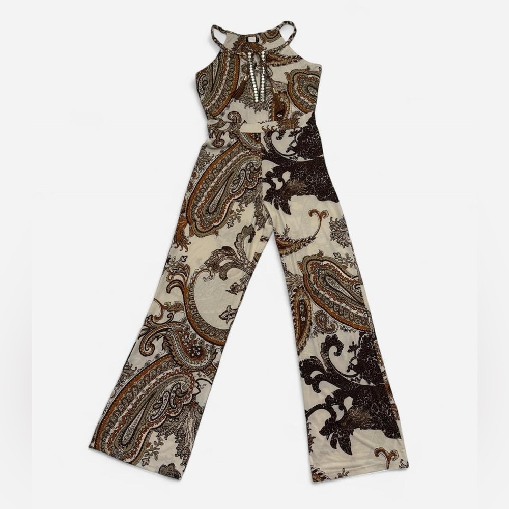 Venus Beige Paisley Print Jumpsuit Size Small Bohemian Boho Festival Coachella